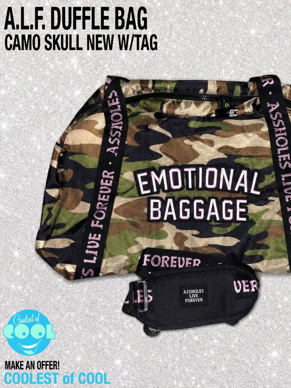 A.L.F. A$$holes Live Forever Emotional Baggage ALF duffel bag camo skulls NWT